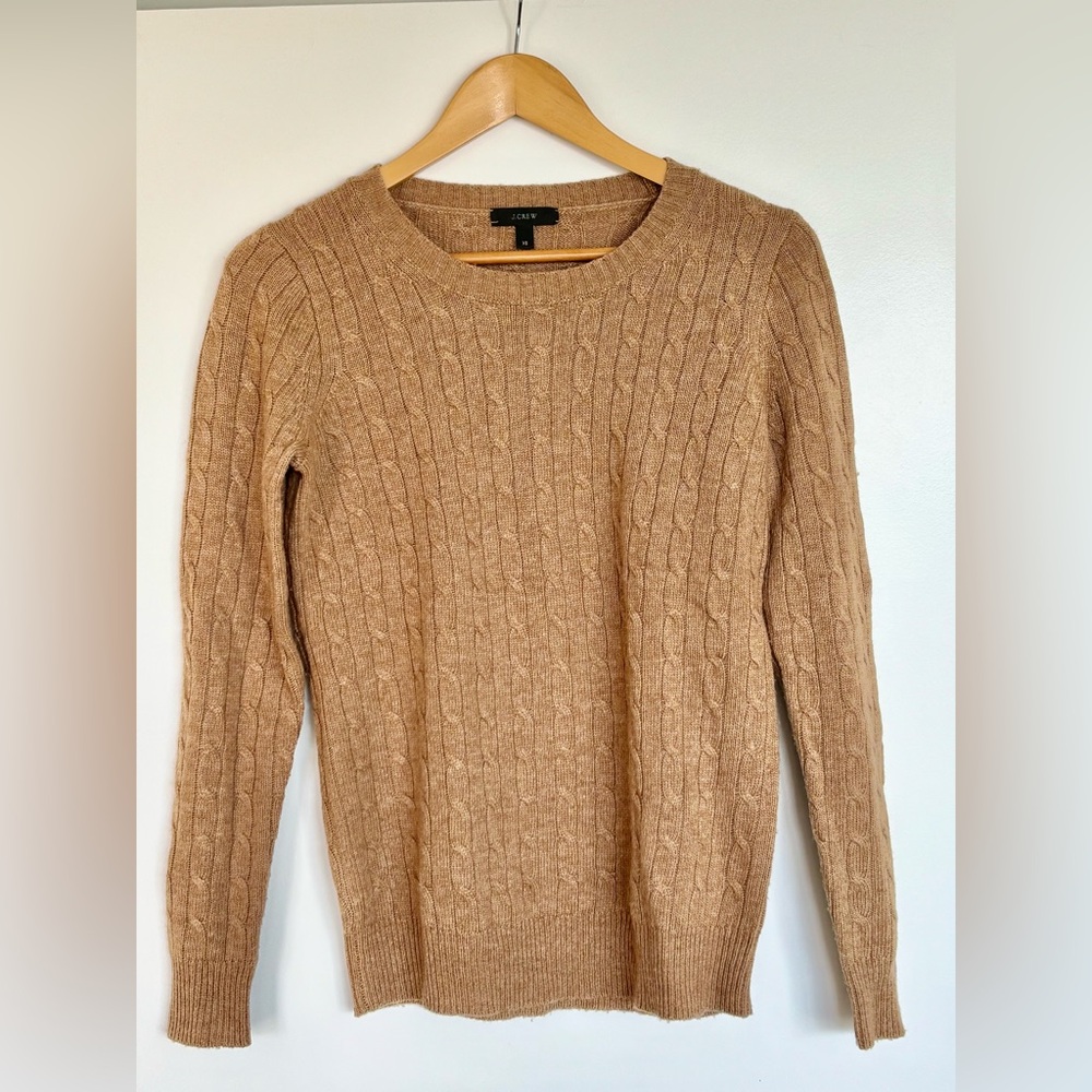 J. Crew 17” PTP Wool Blend Cable Knit Sweater, Tan, Size XS.
